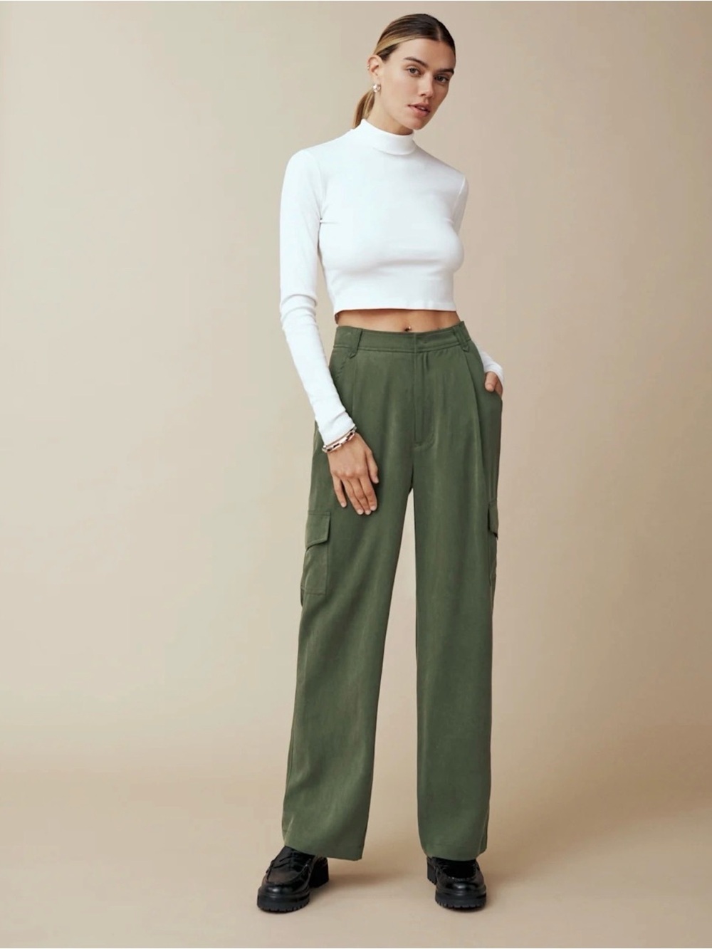 Reformation Jackson Straight Leg Cargo Pant In Fern, 100% TENCEL, Olive Green, 4